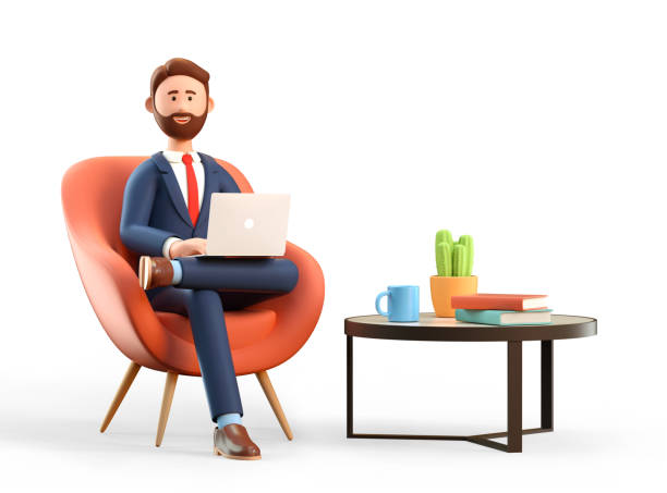 안락 의자에 앉아 노트북과 양복을 입고 행복한 미소 사업가의 3d 그림. 현대 커피 테이블, 머그잔, 책 과 식물 만화 사무실 작업장. - 3차원 형태 일러스트 뉴스 사진 이미지