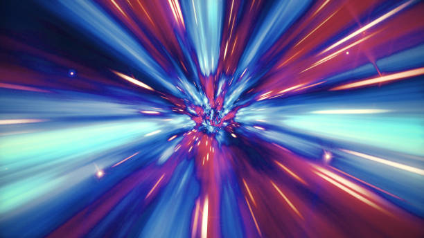 Illustration of interstellar travel through a blue wormhole filled with stars Interstellar travel through a blue and red wormhole filled with stars. Space journey through time continuum. Warp in science fiction black hole vortex hyperspace tunnel distorted image stock pictures, royalty-free photos & images