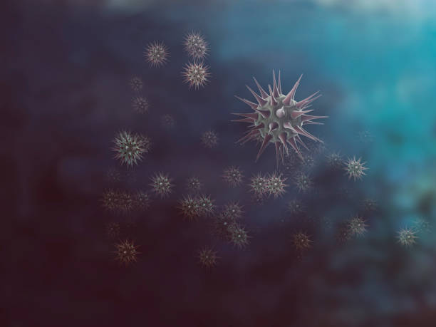 Illustration of multiple viruses against a blue background. Viruses floating in a murky background in blue and purple tones created with computer modeling. covid variant stock pictures, royalty-free photos & images