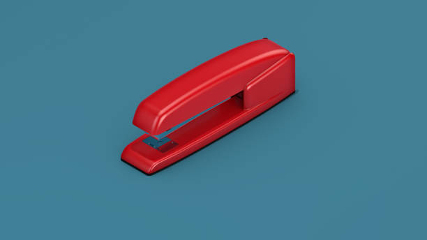 3D Illustration of Red Stapler Isolated on Isometric Blue Background with Clipping Path. Office Product Concept. stock photo