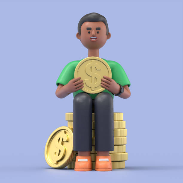 3D illustration of smiling african american man David holding a gold coin. Earning money, increasing capital, the pursuit of money, capital gains, cash gains concept. stock photo