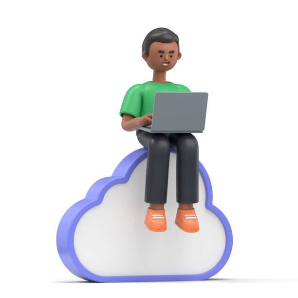 3D illustration of smiling african american man David   sits on big cloud sign.Concept mobile application and cloud services. 3D rendering on white background. stock photo