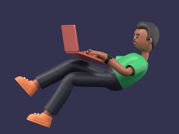 3D illustration of smiling african american man David with laptop flying in air. Cartoon falling relaxing businessman, freelancer using social networks, online working. Workplace concept. stock photo