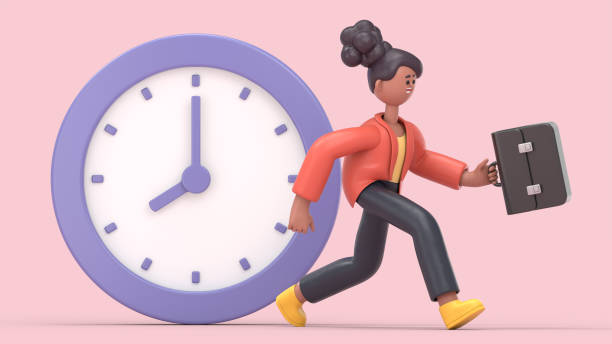3D illustration of smiling african american woman Coco employee running in panic. Office worker hurry up with job, do not have time to meet deadline. stock photo