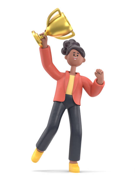 3D illustration of smiling african american woman Coco holds golden winner cup, awarded with prize, win award. Concept of goal achievement celebration. 3D rendering on white background. stock photo