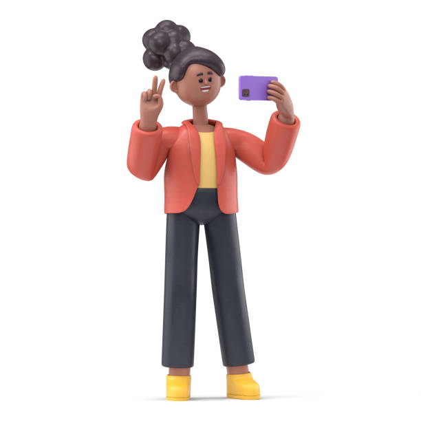 3D illustration of smiling african american woman Coco in headphones make video call or selfie by smartphone and show victory sign. 3D rendering on white background. stock photo