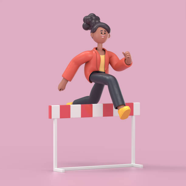3D illustration of smiling african american woman Coco jumping over hurdle, 3D rendering on blue background. stock photo