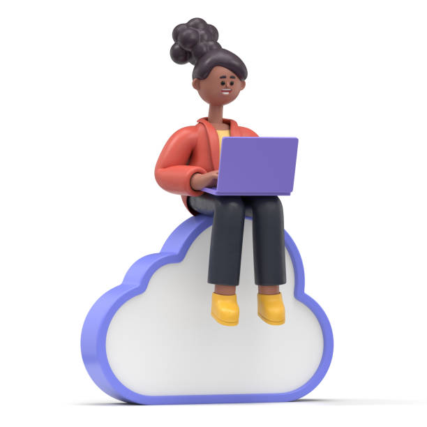 3D illustration of smiling african american woman Coco  sits on big cloud sign.Concept mobile application and cloud services. 3D rendering on white background. stock photo