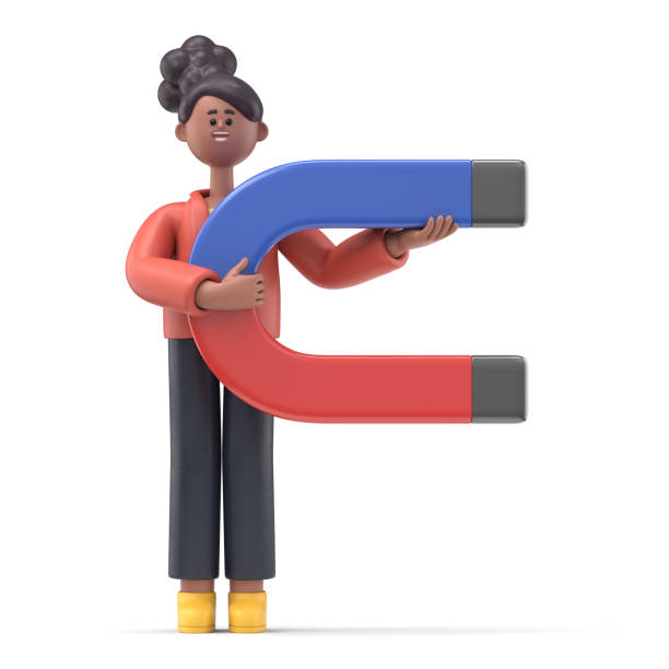 3D illustration of smiling african american woman Coco  standing with a magnet in his hand. 3d image. 3D rendering on white background. stock photo