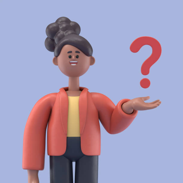 3D illustration of smiling african american woman Coco thinking with a question mark,looking for a solution.decision and problem concept.3D rendering on blue background. stock photo