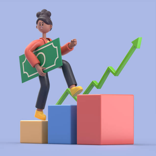 3D illustration of smiling african american woman walking on stack with cash and green up arrow. Stock market trading concept. stock photo