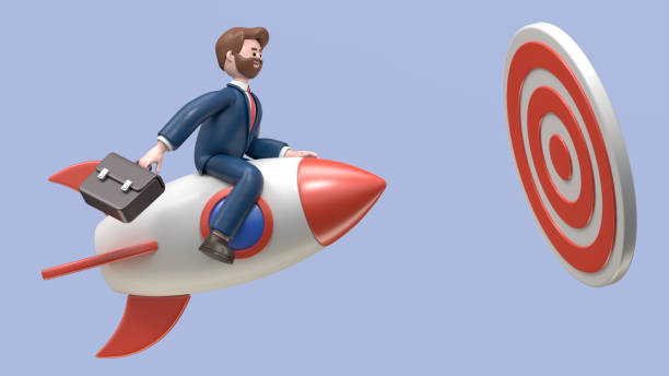 3D Illustration of smiling businessman Bob flying forward with a rocket engine to big target. 3D rendering on blue background. stock photo