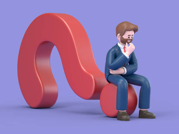 3D Illustration of smiling businessman Bob looks for an idea lying on a red question mark,3D rendering on purple background. stock photo