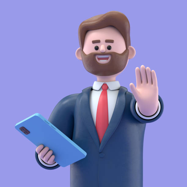 3D Illustration of smiling businessman Bob make video call or selfie by smartphone and show stop sign. 3D rendering on purple background. stock photo