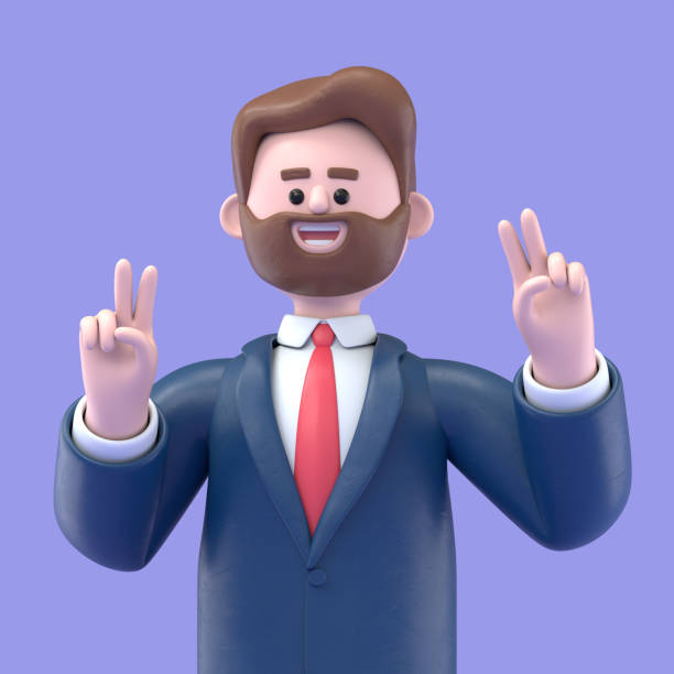 3D Illustration of smiling businessman Bob shows fingers doing peace sign, victory symbol, number two, successful person. 3D rendering on blue background. stock photo