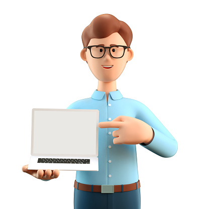 istock Ilustración 3D de hombre feliz sonriente señalando con el dedo a la computadora portátil de pantalla en blanco. Personaje de hombre de negocios de dibujos animados, aislado sobre fondo blanco. 1285083853
