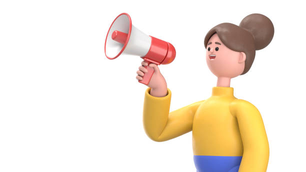3D illustration of smiling woman Angela making announcement with megaphone loudspeaker.3D rendering on white background. stock photo