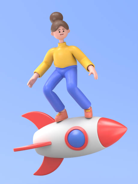 3D illustration of smiling woman Angela  standing on rocket to the moon.Business Startup,Decision Flying Concept，3D rendering on blue background. stock photo