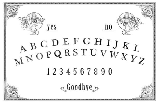 Illustration of talking board to communicate with the dead Talking board and planchette used on seances for communicating with the dead / high contrast image / illustration ouija board stock pictures, royalty-free photos & images