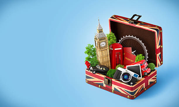 Illustration of tourist attractions in London in a suitcase stock photo