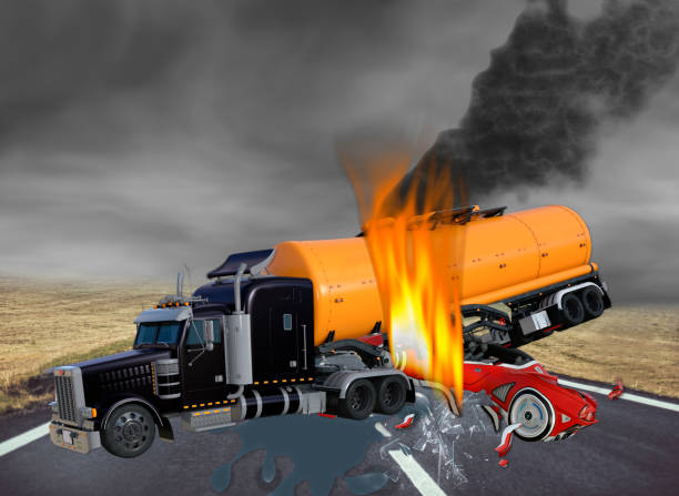 3D Illustration of Tractor Trailer Truck and Exotic Car in Accident 3D Illustration of Tractor Trailer Truck and Exotic Car in Accident on Dark Cloudy Day. capsizing stock pictures, royalty-free photos & images