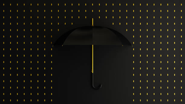 3D Illustration of Trendy Designed Satin Black Umbrella Against a Rich Blue Background of Gold Raindrops Graphic Design in a Repeating Pattern stock photo