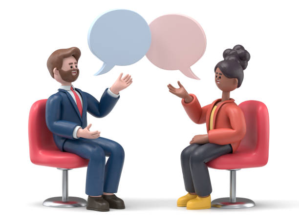 3D illustration of two peoples meeting and talking with speech bubbles. Happy businessmen characters sitting in chairs and discussing. Successful partnership, psychologist counseling, support session.3D rendering on white background. stock photo