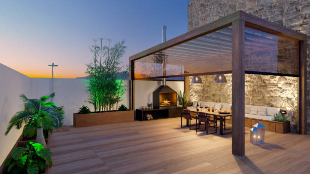 3D illustration of urban patio with wooden teak flooring at twilight. stock photo