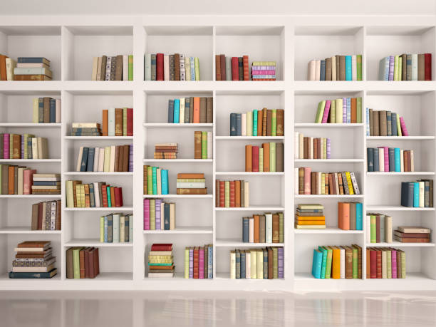 illustration of White bookshelves 3d illustration of White bookshelves with various colorful books bookshelf stock pictures, royalty-free photos & images