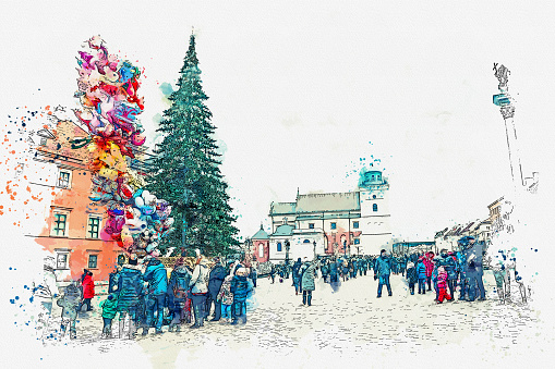 イラストや水彩画スケッチワルシャワのメイン広場のクリスマス ツリー カラー画像のストックフォトや画像を多数ご用意 Istock