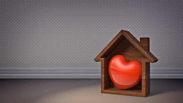 3D Illustration Red Heart in Wood Home Isolated in an Studio Scene Background. Home is Where Your Heart is Concept. With Clipping Path. stock photo