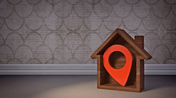 3D Illustration Red Map Pointer in Wood Home Isolated in an Studio Scene Background. Home is Where Your Heart is Concept. With Clipping Path. stock photo