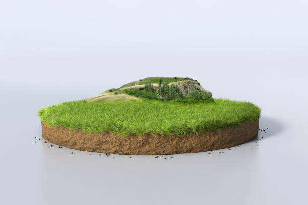 3D Illustration round soil ground cross section with earth land, green grass and mountain Realistic 3D rendering circle cutaway terrain floor with rock isolated, 3D Illustration round soil ground cross section with earth land, green grass and mountain land stock pictures, royalty-free photos & images