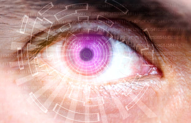 Image closeup of man eye of the future screen scanning code cyber .Concept technology eye password visual novel stock pictures, royalty-free photos & images