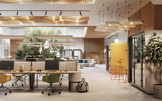 3D image of an environmentally friendly coworking office space. Computer generated image of an open plan office interior.