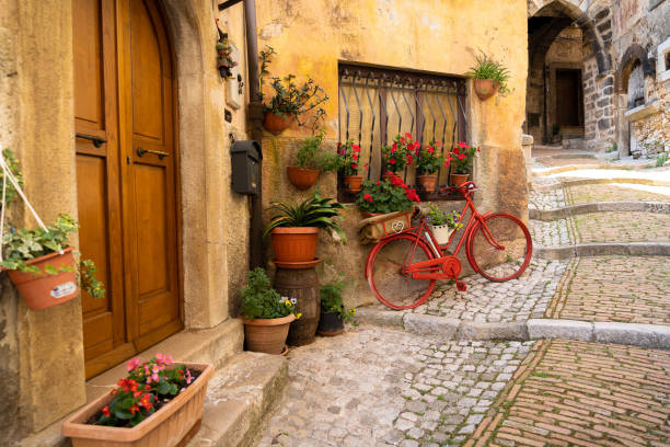 Image of red bicycle and flowers on Castro del Volsci street, Fronzinone, Italy stock photo