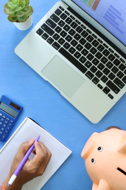 Image of unrecognisable person using pad of lined paper and ballpoint pen at office work station with laptop computer surrounded by piggy bank, calculator and potted cactus, blue background, elevated view, home finances and savings concept stock photo