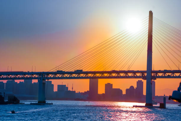 Image of Yokohama Bay Bridge and sunset stock photo