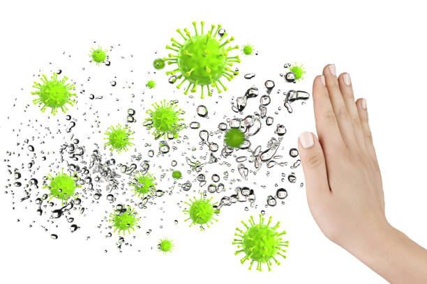 Immune defense Hand defending some virus and bacteria, 3D rendering viral infection stock pictures, royalty-free photos & images