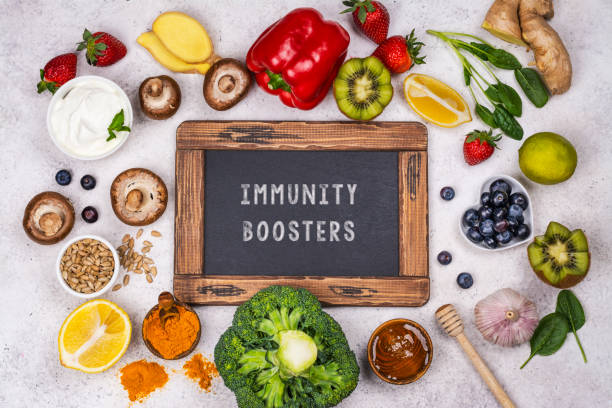 Immunity boosters food Healthy products - immunity boosters. Fruits and vegetables for healthy immune system. Top view. Copy space immune system stock pictures, royalty-free photos & images