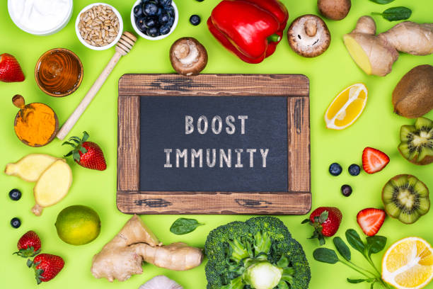 Immunity boosters food Healthy products - immunity boosters. Fruits and vegetables for healthy immune system. Top view. Copy space defending activity stock pictures, royalty-free photos & images