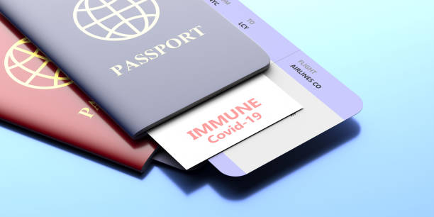passeport d’immunité, document de voyage de coronavirus couleur rouge et bleue, illustration 3d - pass sanitaire photos et images de collection