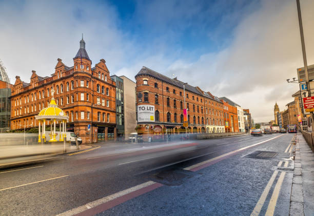 Impression of Victoria Street and Albert Memorial Clock Tower in Belfast stock photo