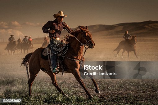 istock In foreground, a young cowboy on his horse during the run of the horses and, in background, a group of six cowboys and cowgirls supervising the run of the horses. 1303051682