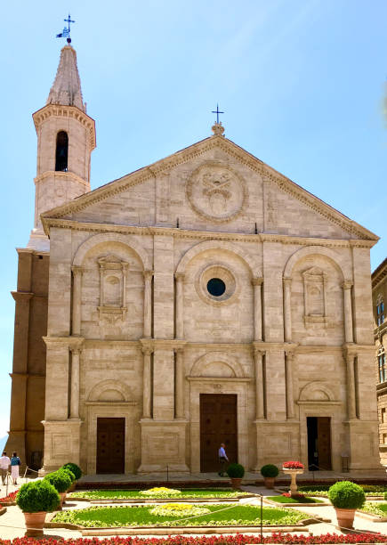 In Pienza (Val d’Orcia), the beautiful Cathedral of Santa Maria Assunta, in square Pio II stock photo