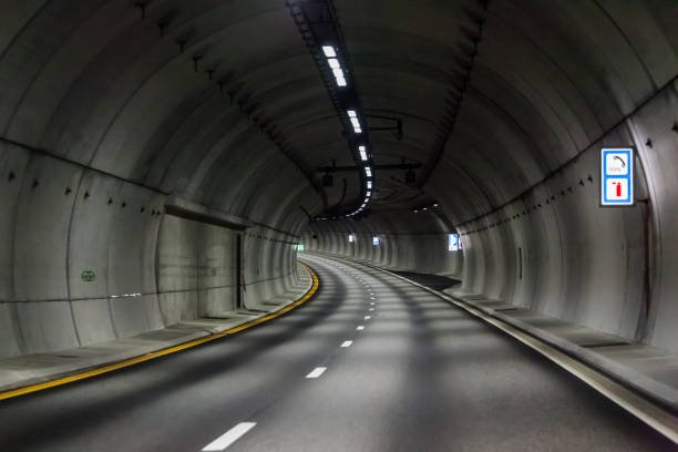In the grey road tunnel in Norway stock photo