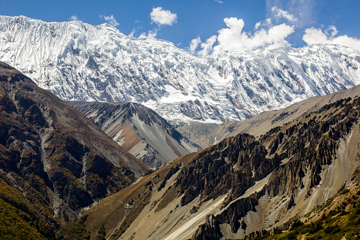 breathtaking view of the mountains of sand, rock and ice near Lake Tilicho and the landslide pass route in the annapurnas conservation area