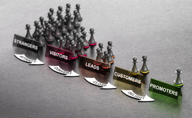 Inbound Marketing Principles Inbound Marketing Principles over black background with pawns signs and arrows. Stages from stranger to promoter. 3D illustration lead stock pictures, royalty-free photos & images