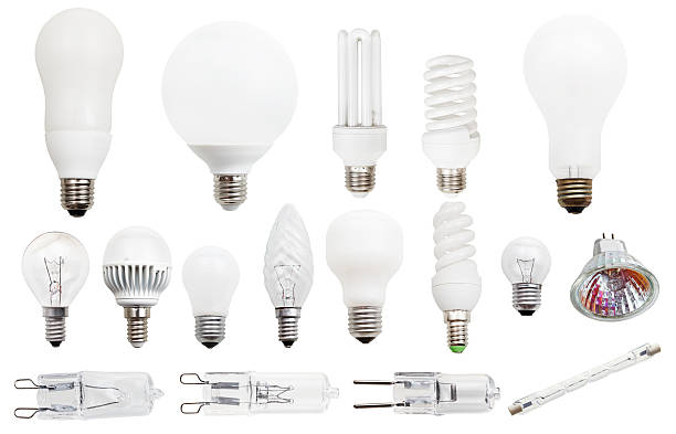 incandescent, compact fluorescent, halogen lamps set of incandescent, compact fluorescent, halogen, LED light bulbs isolated on white background halogen light stock pictures, royalty-free photos & images