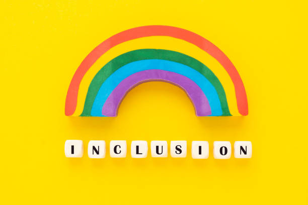 Inclusion text yellow background. Inclusive social concept. Wooden blocks, top view. yellow background. Inclusive social concept. Wooden blocks equal sign stock pictures, royalty-free photos & images